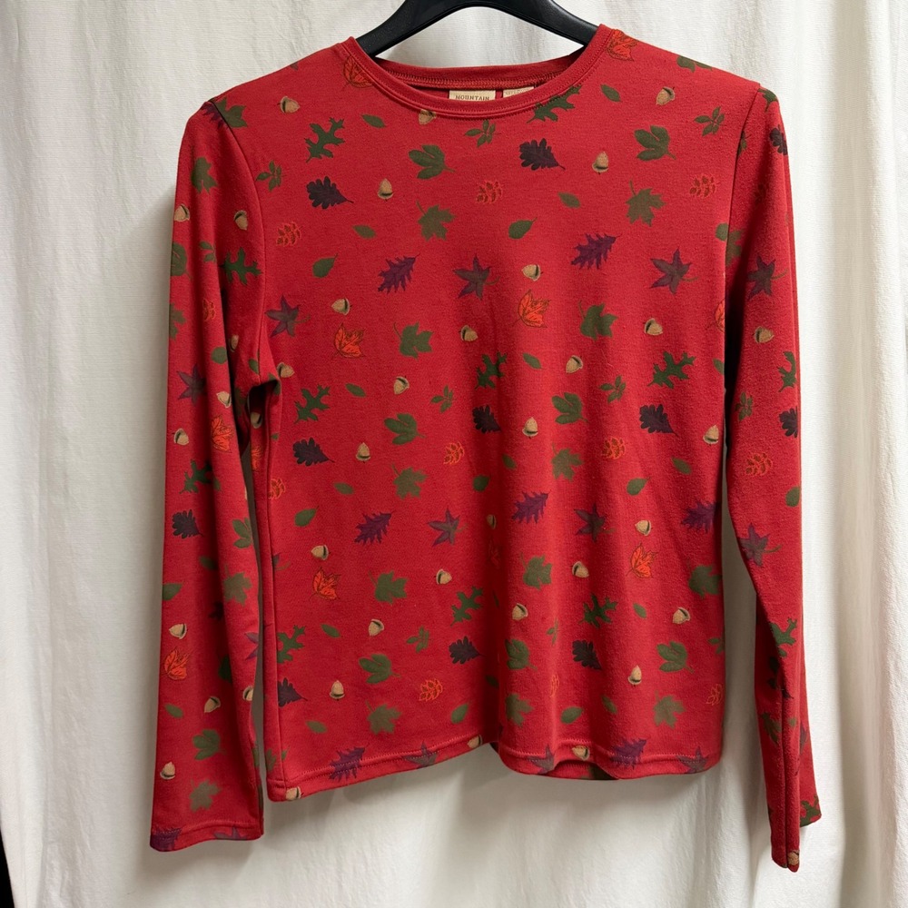 Mountain Lake Womens Red Autumn Leaf Acorn Print Long Sleeve T-Shirt Size S